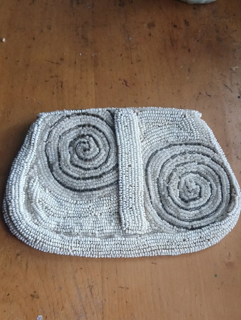 Vintage Hand-Beaded White and Cream Spiral Clutch 1930-1950s